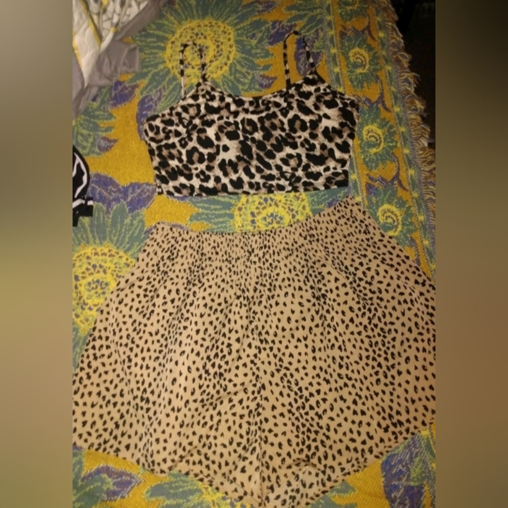 Women’s Leopard Print Two-Piece Crop Top & Shorts Set - Beige/Black